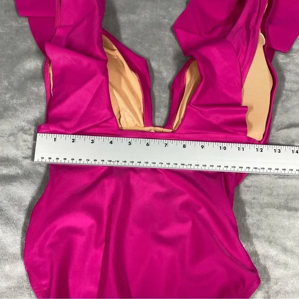 NEW J. Crew Ruched Ruffle One Piece Swimsuit Deep V Neck Size 6 Radiant Fuchsia